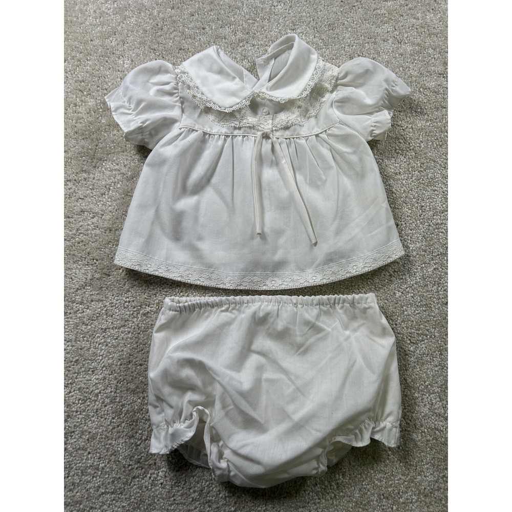 Vintage Mayfair Baby Outfit White‎ Lace Top Bloomer Set Puff Sleeve Infant Girls